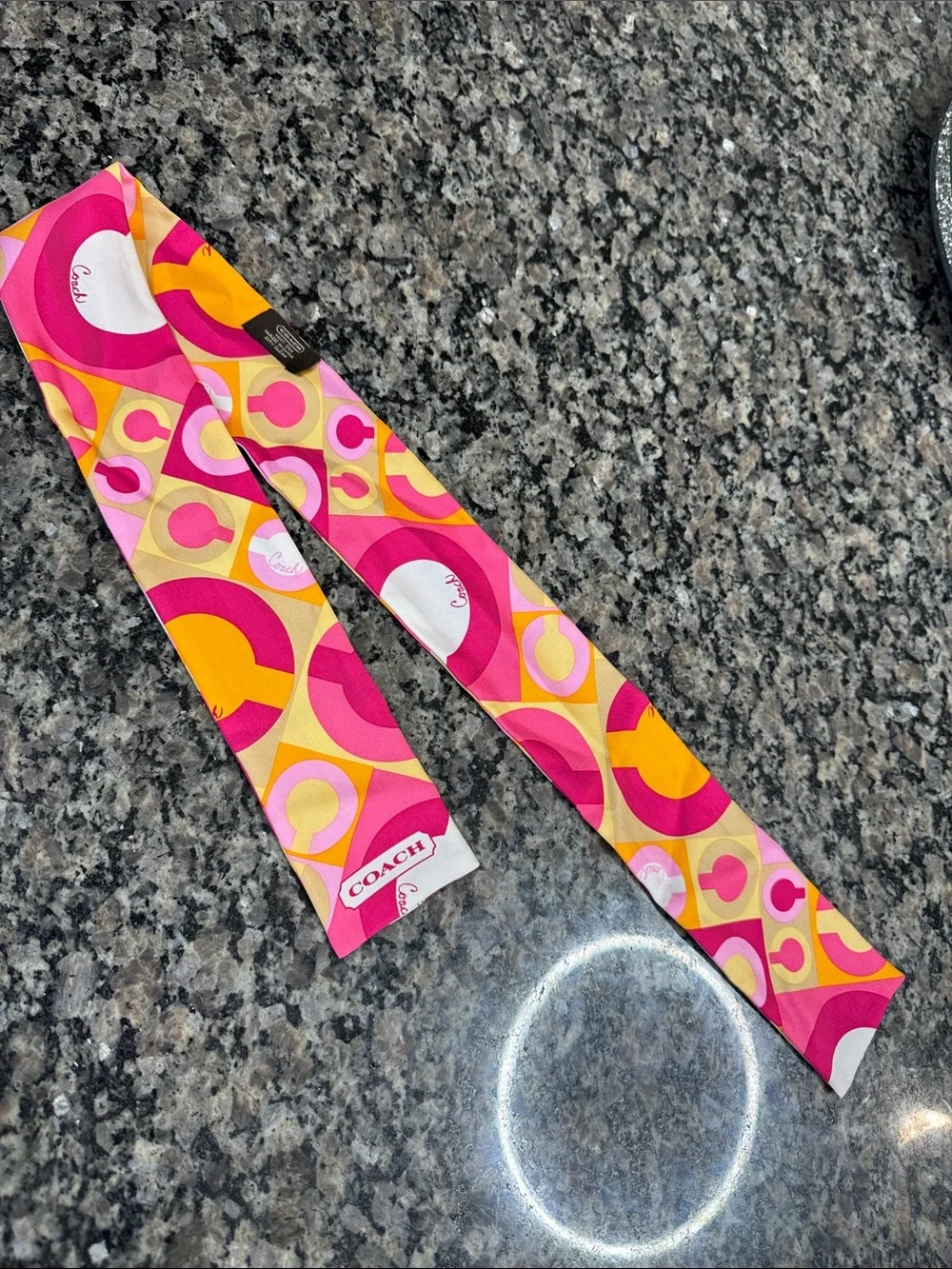 Coach silk twilly scarf Pink, Yellow & Orange Graphic Signature Scarf EUC